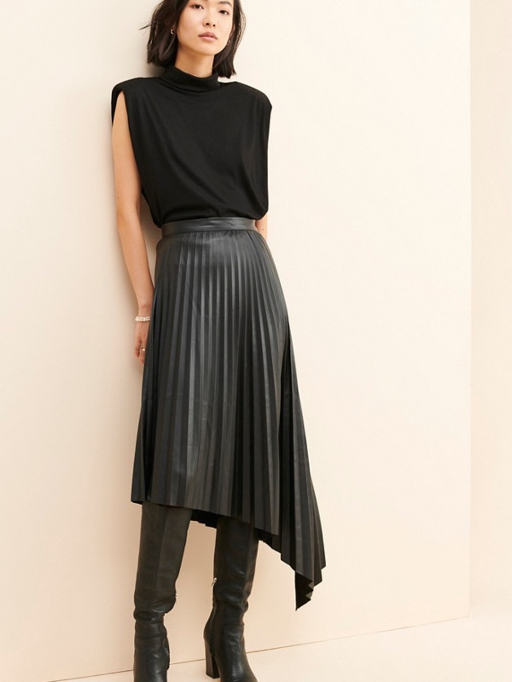 bishop + young Presley Vegan Leather Pleated Asymmetrical Midi Skirt - Picture 2 of 11